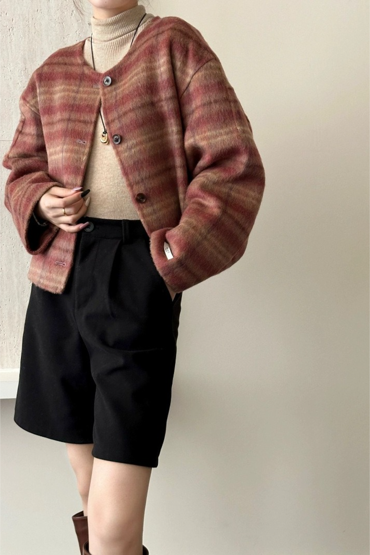 Plaid Crew Neck Single Breasted Drop Shoulder Wool Jacket