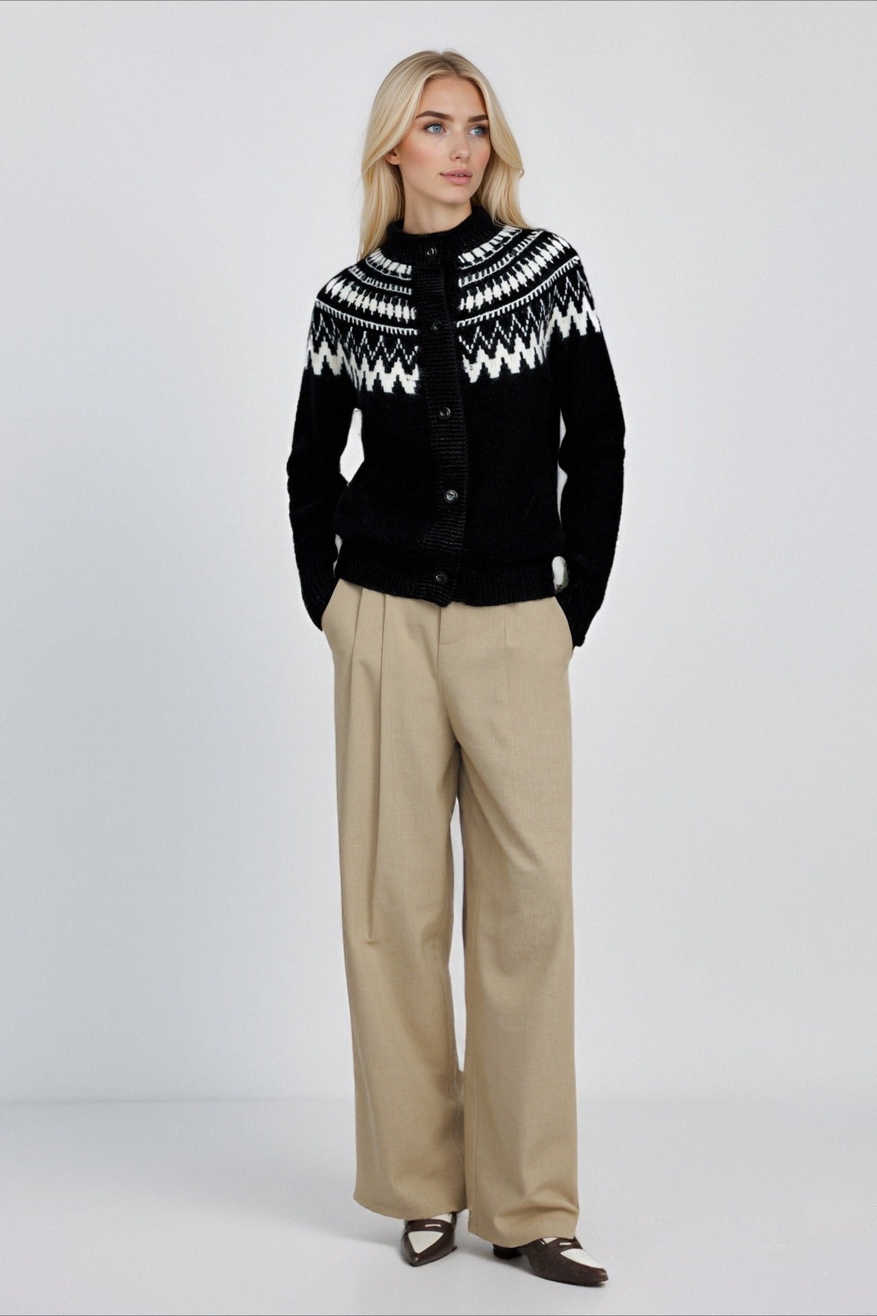 Fair Isle Color Block Geometric Crew Neck Retro Knit Cardigan