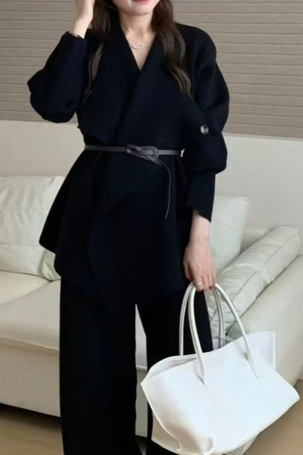 Loose Knit Big Collar Coat Wide-Leg Pants Two Piece Set