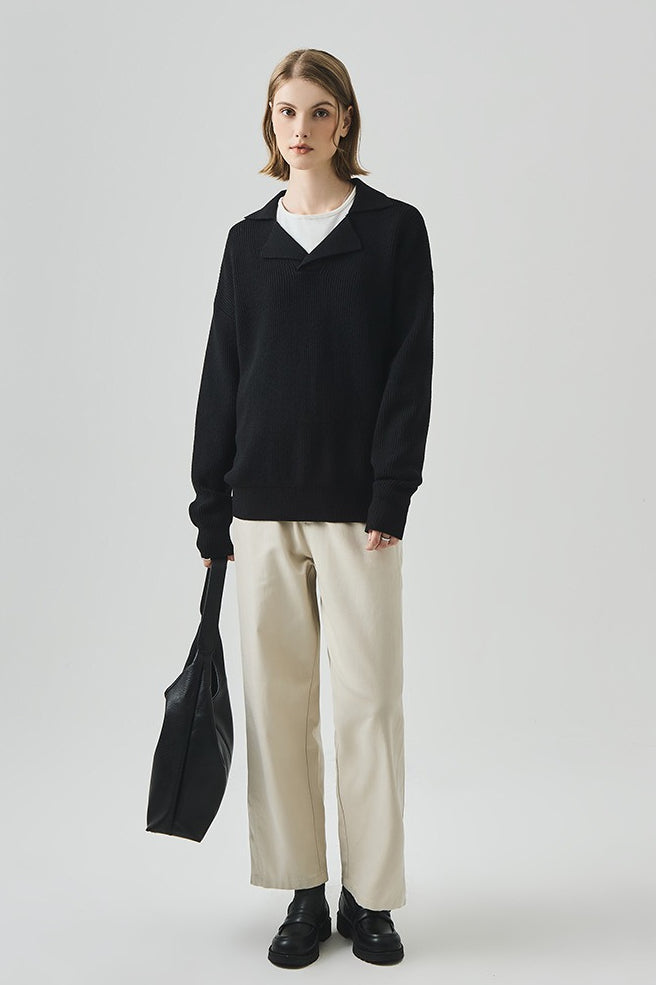 Oversized Lazy V-Neck Long-Sleeve Knit Top