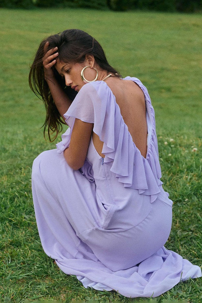 Simple Deep V Ruffle Solid Elegant Maxi Dress