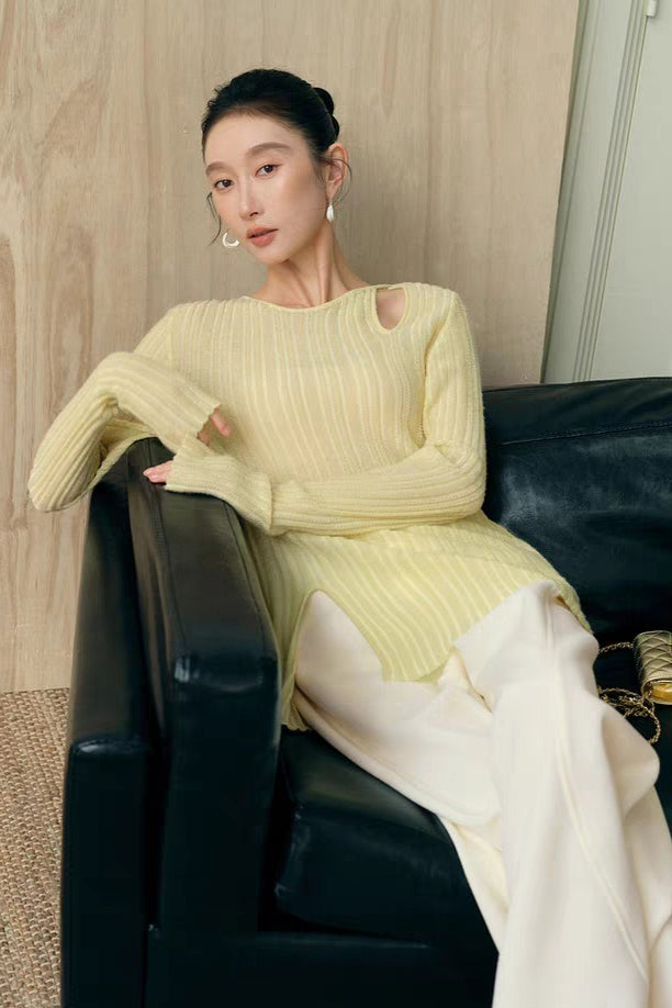 Yaohua Xiyan French Elegant Wool Openwork Ribbed Knit Top