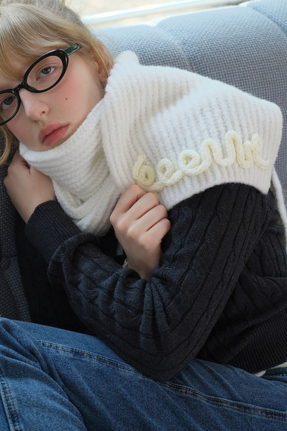 Wool Blend 3D Hand-Crocheted Letter Solid Scarf