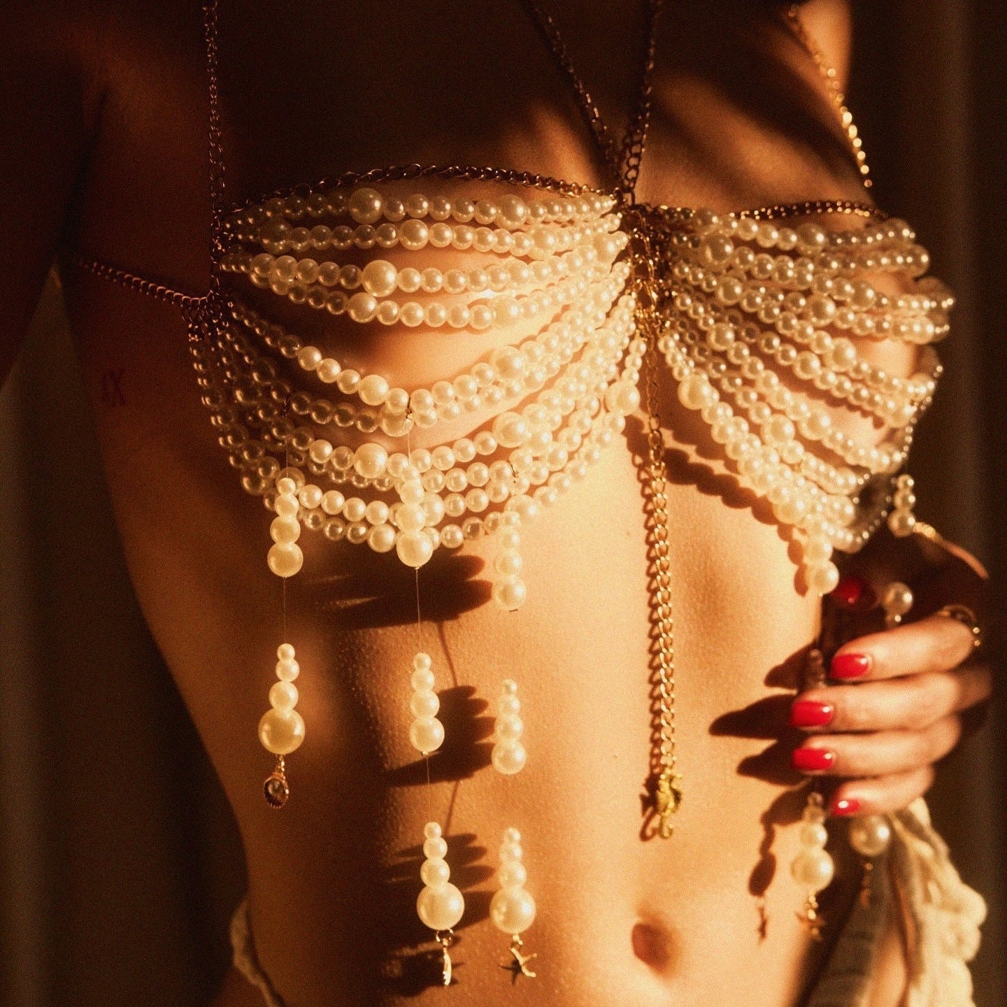 Pearl Beaded Tassel Halter Body Chain
