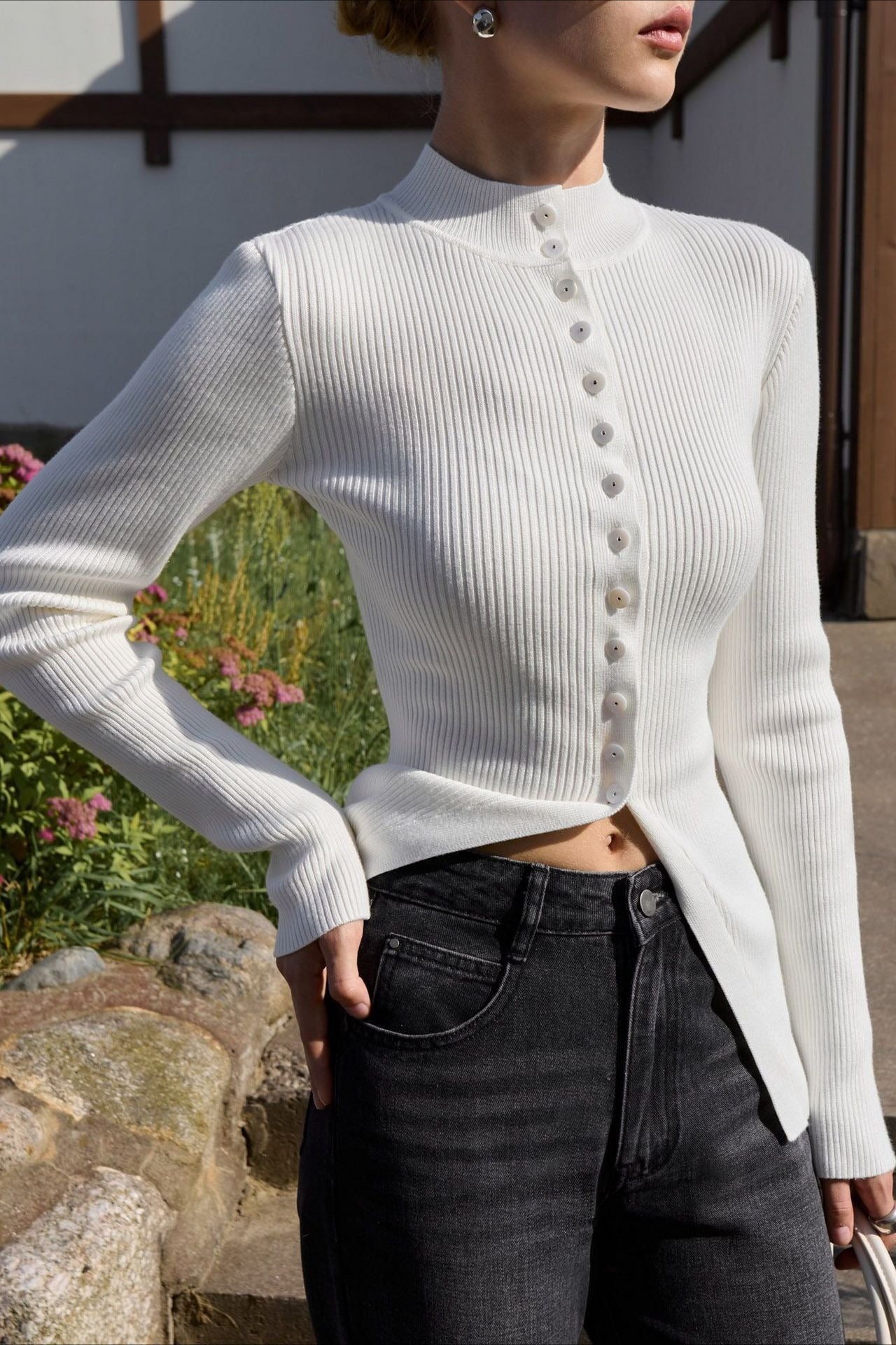 Single-Breasted Rib-Knit Slim Long Sleeve Blouse