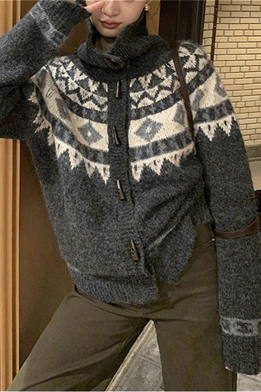 Jacquard Collar Horn Button Retro Loose Knit Cardigan