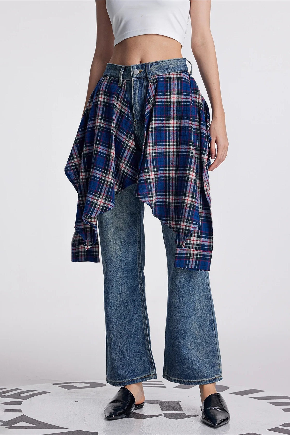 Vintage Plaid Patchwork Washed Micro-Flare Jeans
