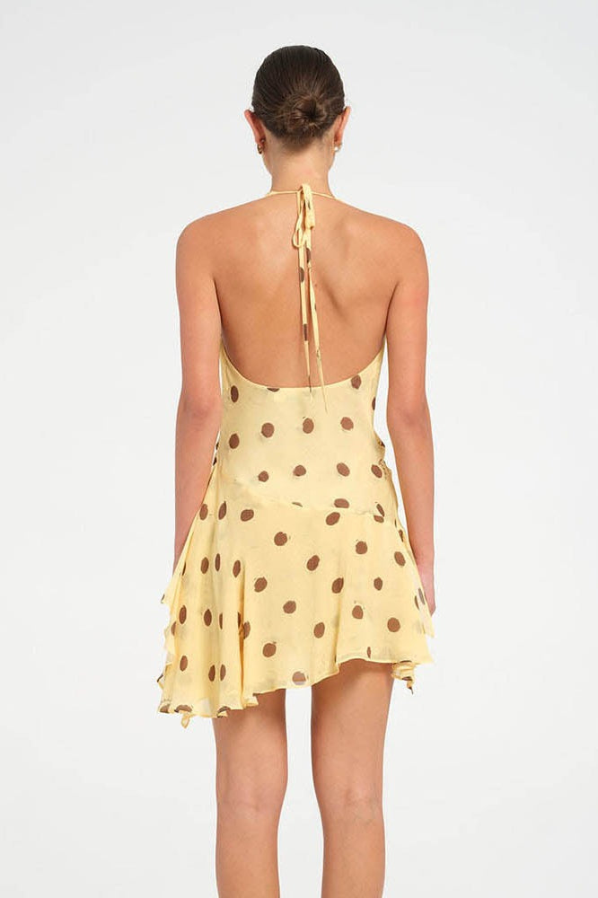 Polka-Punkt-Chiffon Neckholder Kleid mit tiefem V-Ausschnitt, Schlitz und rückenfrei, Mini