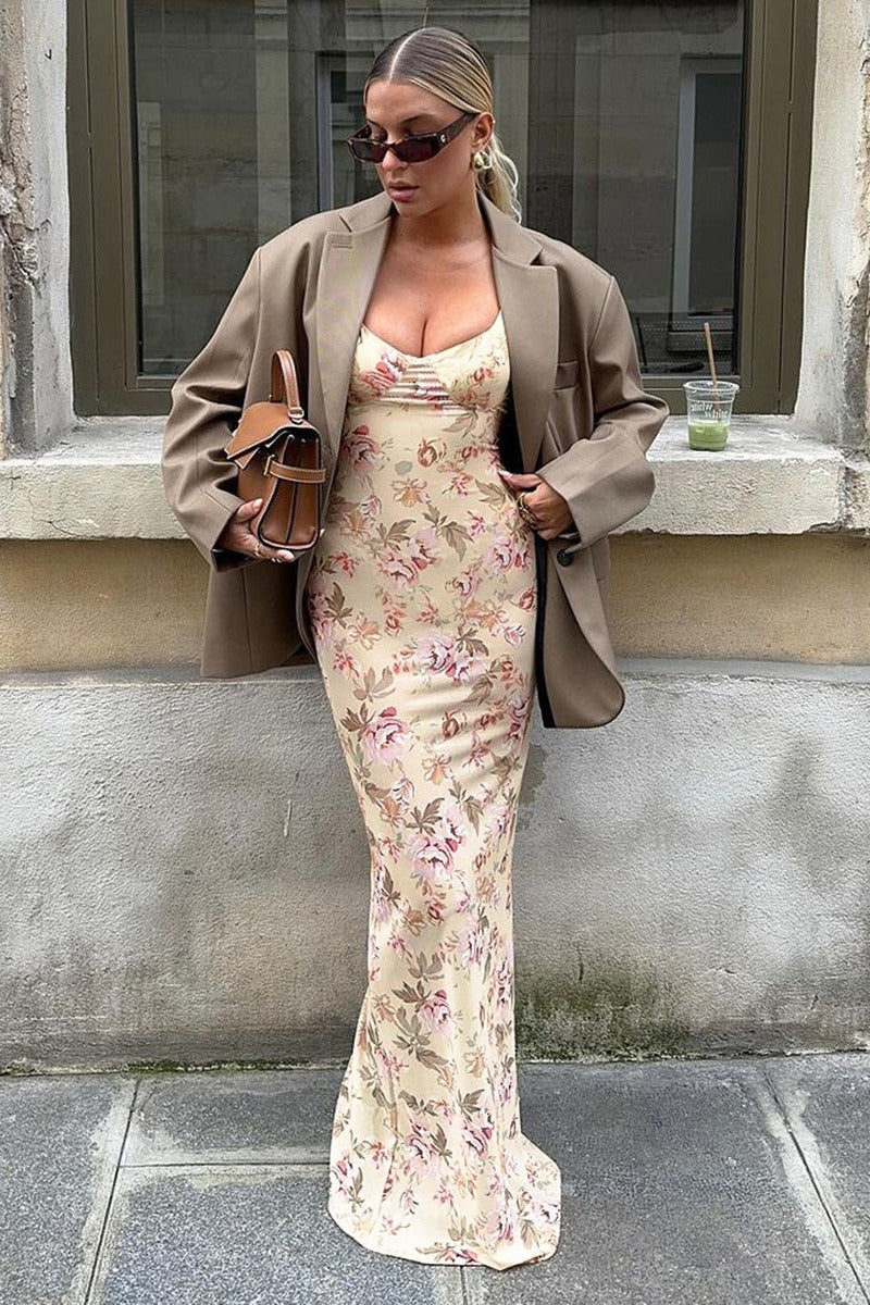 Sexy Maxikleid mit tiefem U-Ausschnitt, Blumenmuster und Schlitz, Trägertop