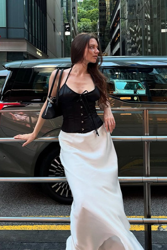 Träger mit Taillenbund, geschnürtes, geknöpftes, verführerisches Spaghettiträgertop