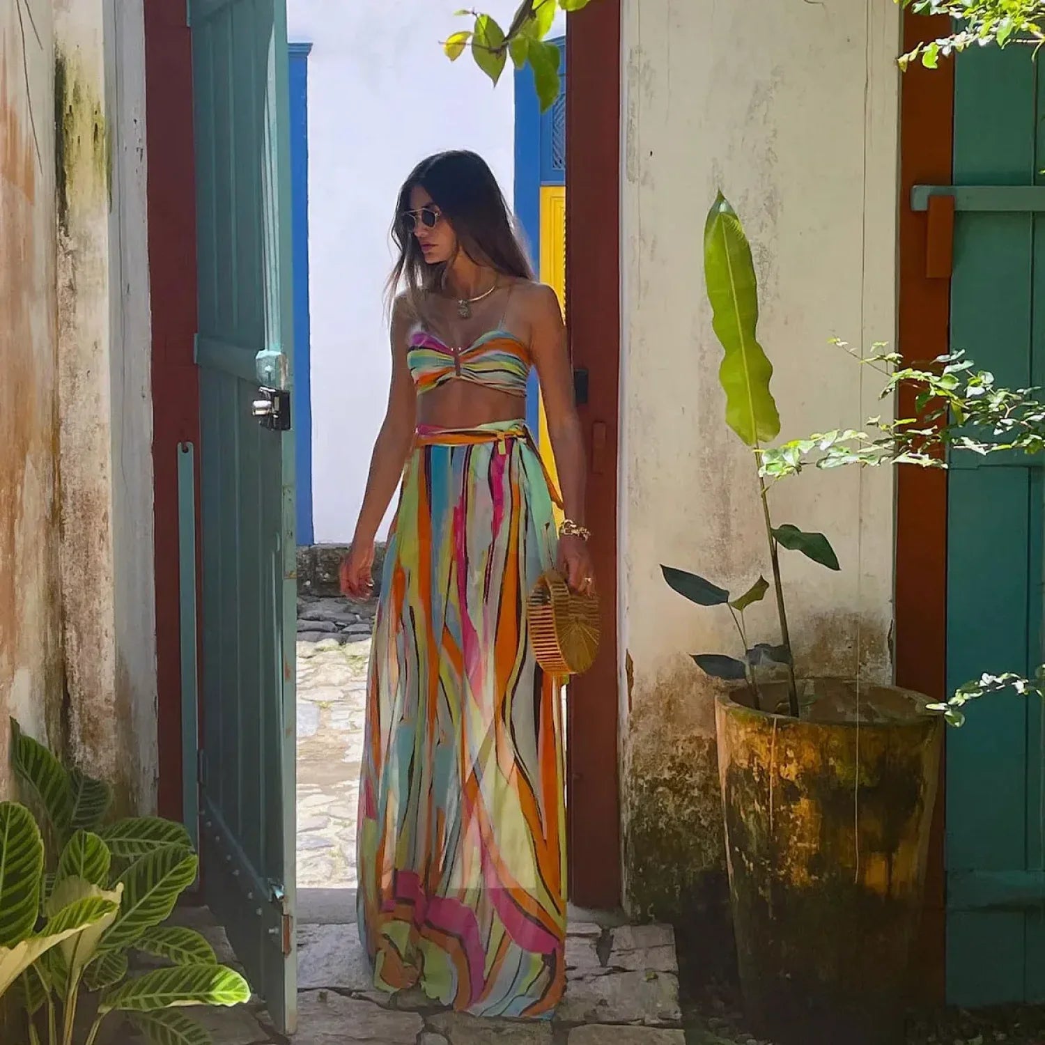 Bandage Bikini Set with Printed Pants Three Piece Swimsuit