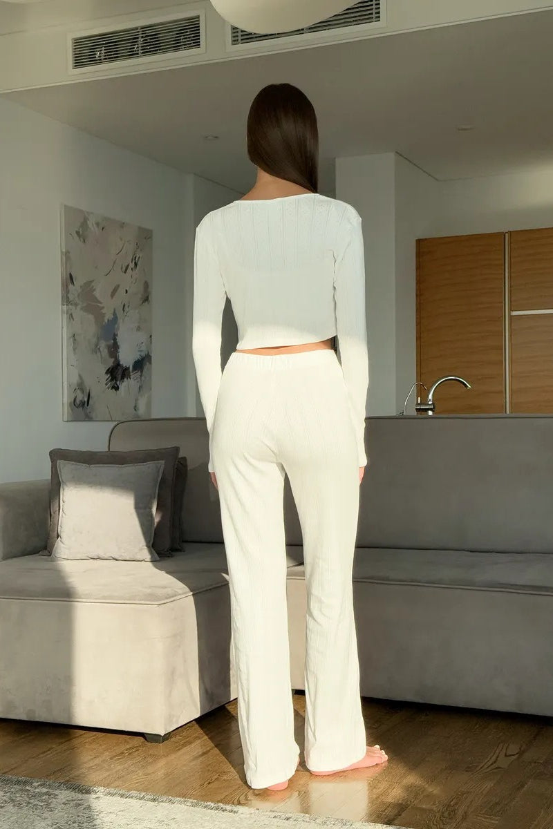 Conjunto de tres piezas de algodón tejido jacquard con manga larga y corte corto