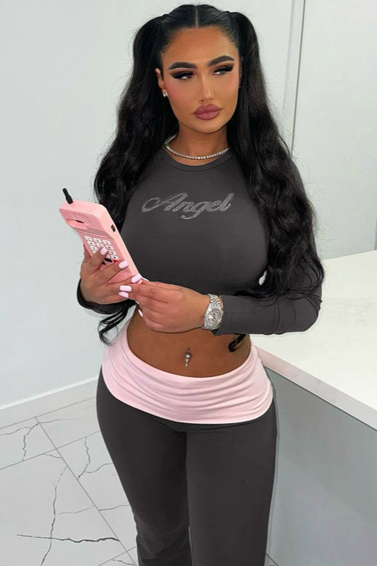 Rhinestone Color Block Crew Neck Two Piece Set