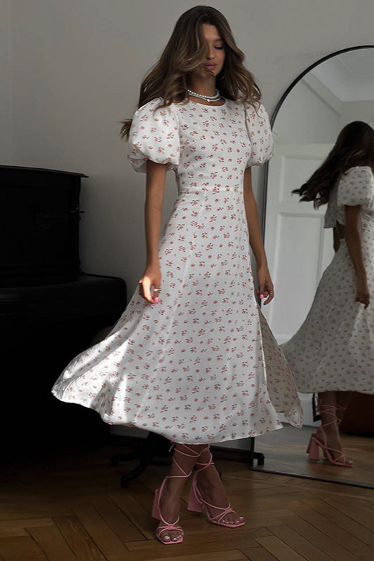 Backless Puff Sleeve Round Neck Split Maxi Floral Dress