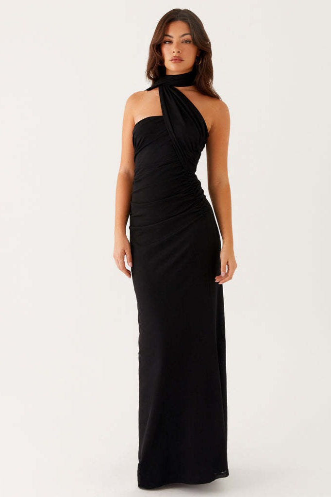 Vestido largo de fiesta con tirantes finos y malla teñida anudada