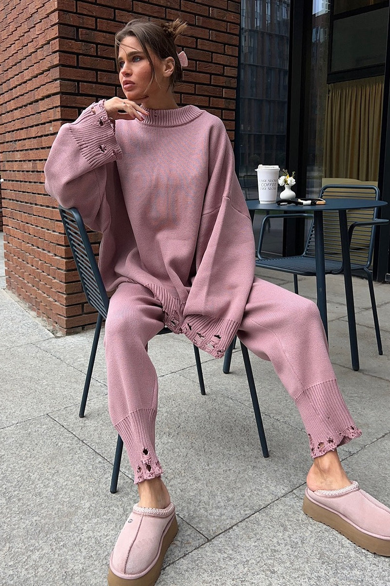 Solider grob gestrickter Pullover mit Rundhalsausschnitt, zweiteiliges Set