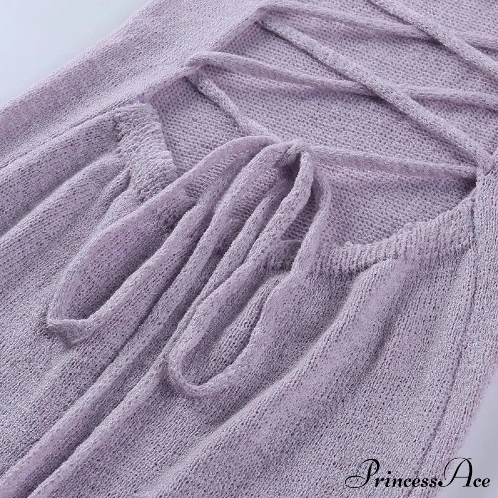 Vêtement de plage Vacances Pull d'hiver tricoté Robe de plage moulante féminine à fines bretelles, sans bretelles, dos nu avec laçage en dentelle