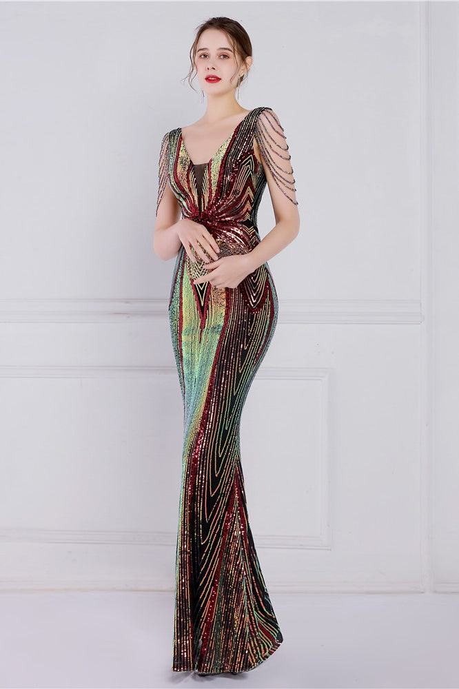 Vestido de fiesta sirena con lentejuelas y flores de cuentas