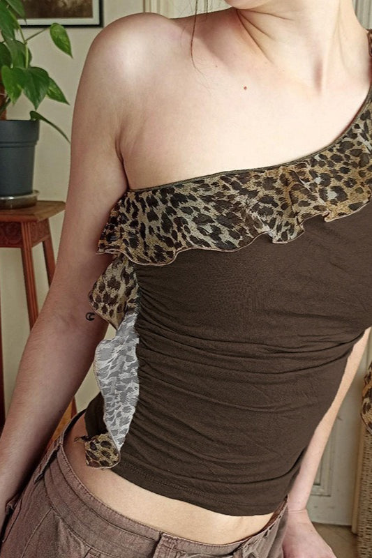 Kontrastfarbiger Träger Leoparden-Bauchfreies Oberteil