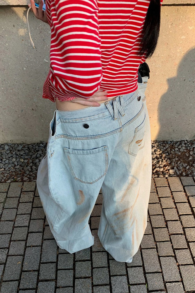 Jeans Designer com Bolso, Perna Larga, Franzido e Desgastado