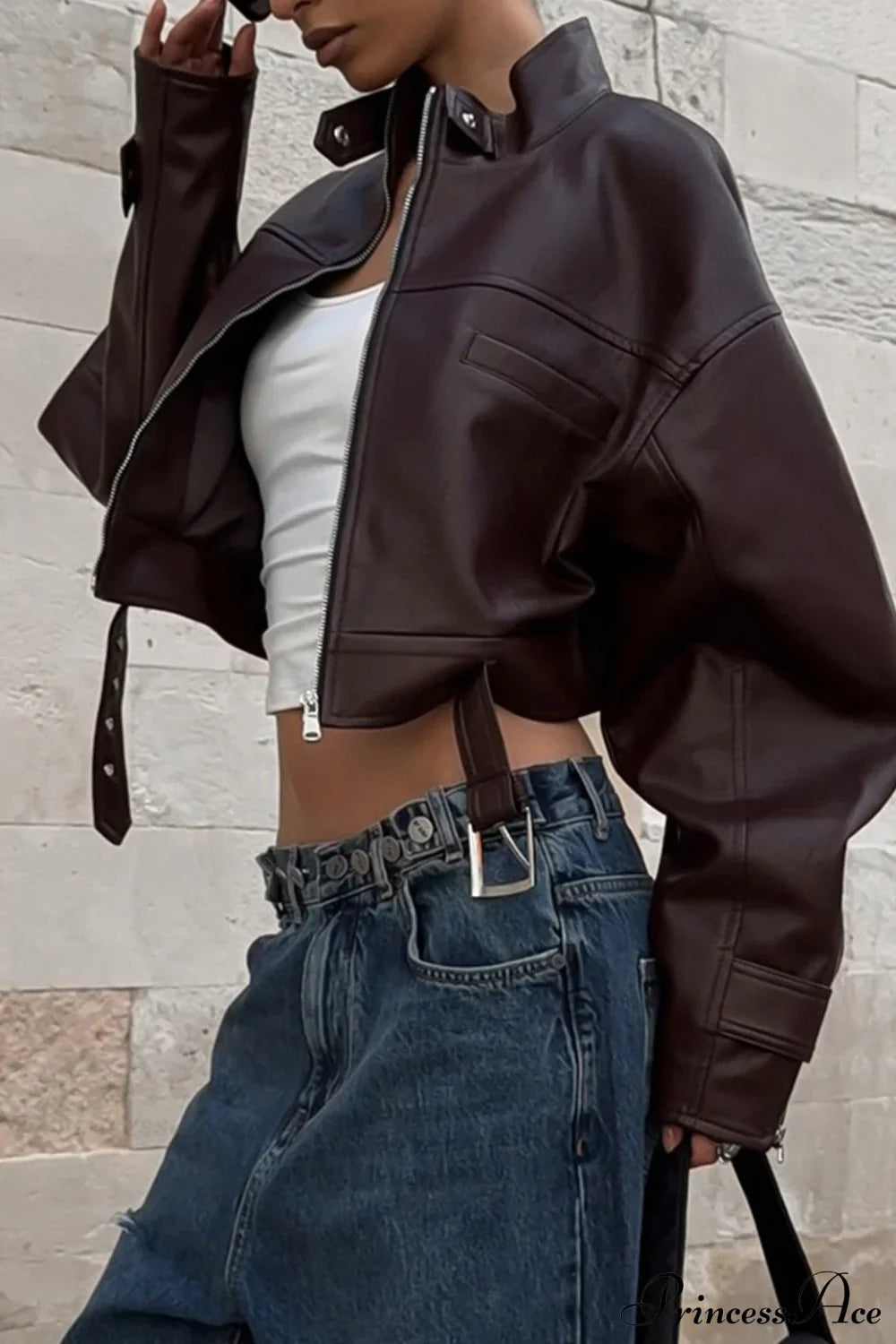 Biker Retro Leather Zip Stand Collar Short Jacket
