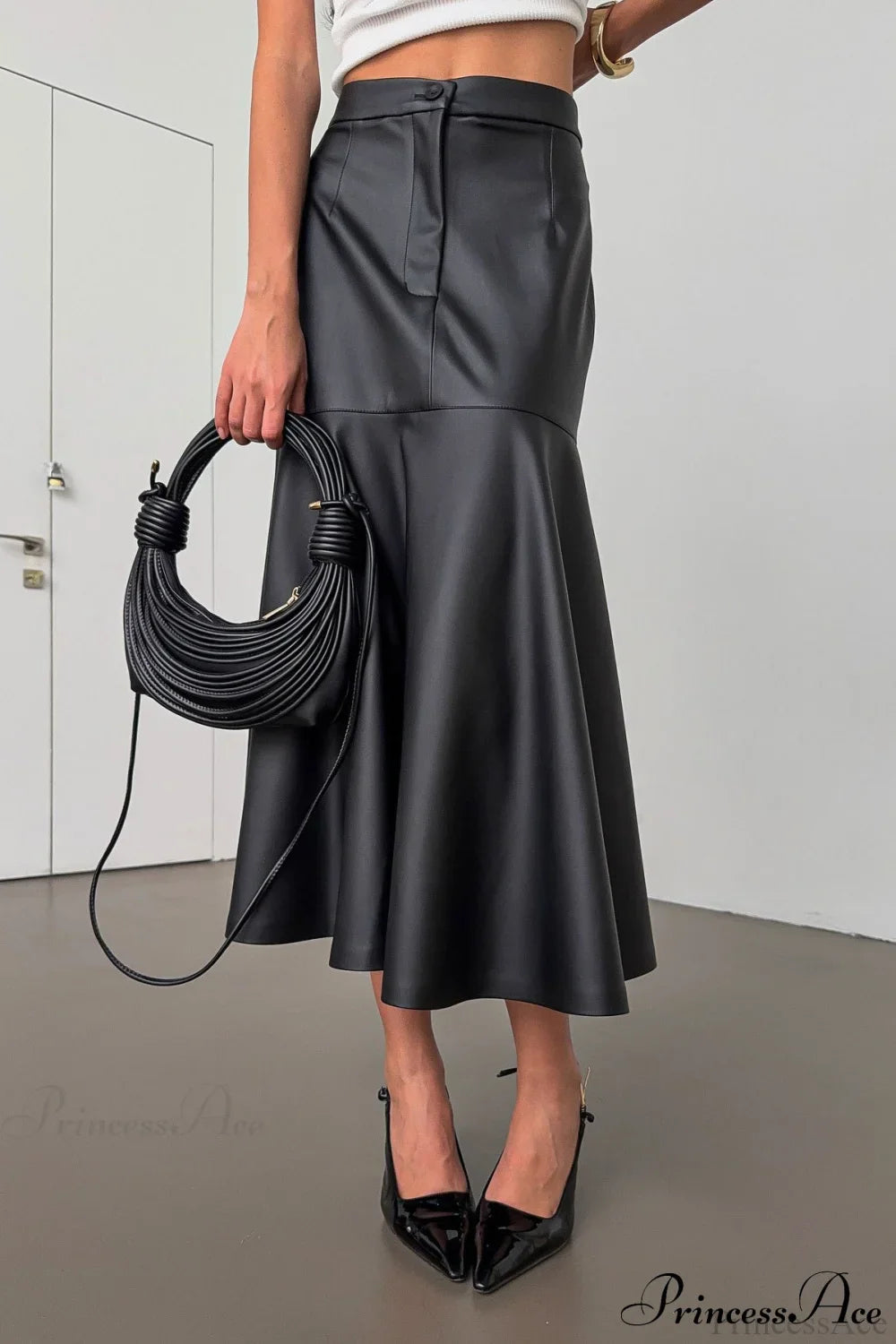 Black Faux Leather Midi Skirt