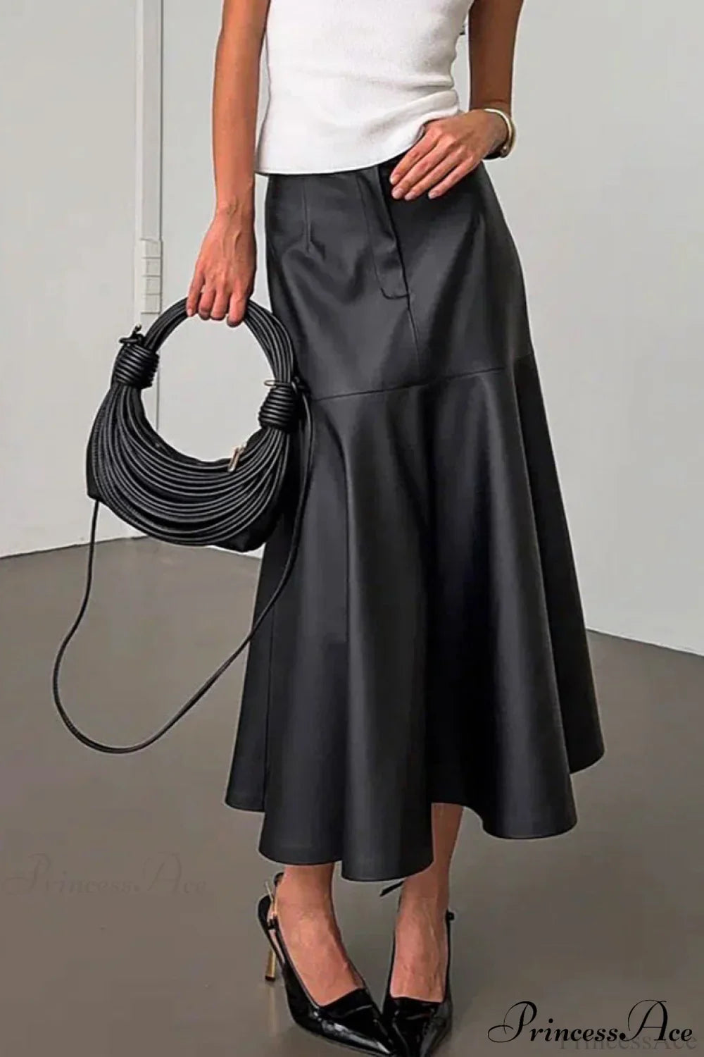 Black Faux Leather Midi Skirt