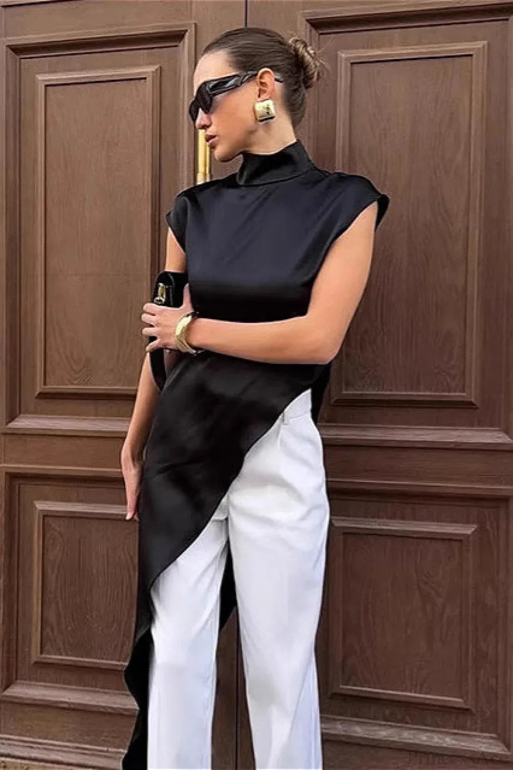 Black Satin Asymmetrical Layered Blouse