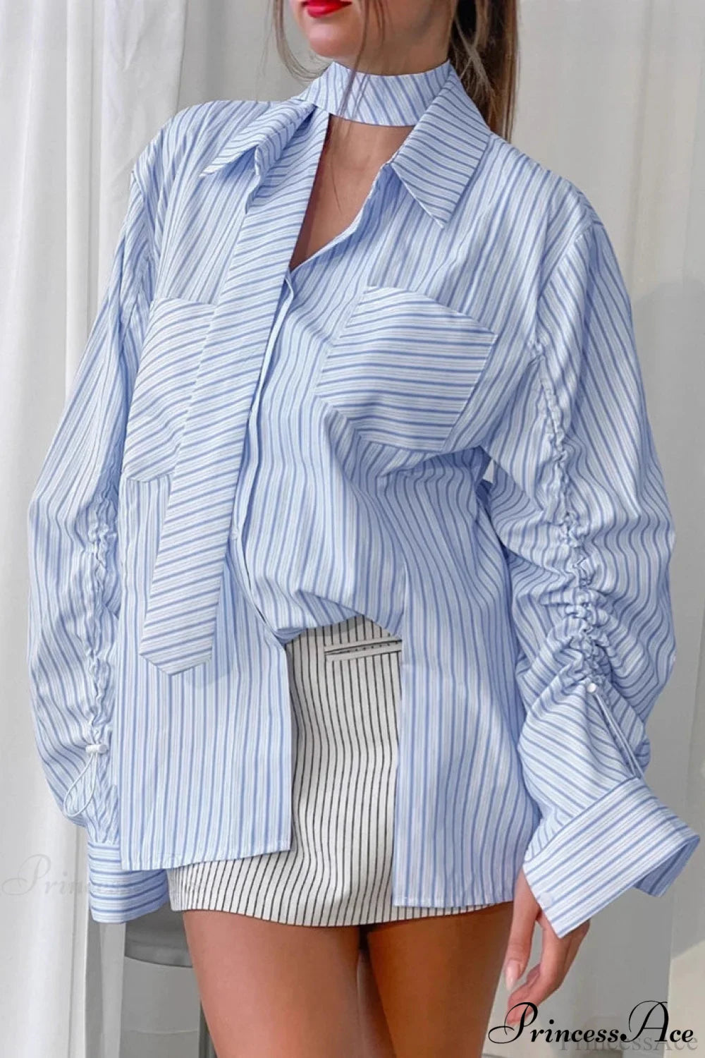 Blue Striped Halter Drawstring Blouse