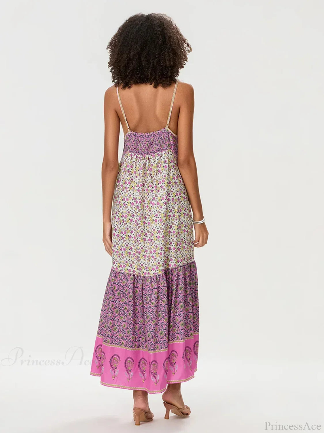 Boho-Blumen-Spaghettiträger-Kleid mit gerafftem Blumenmuster