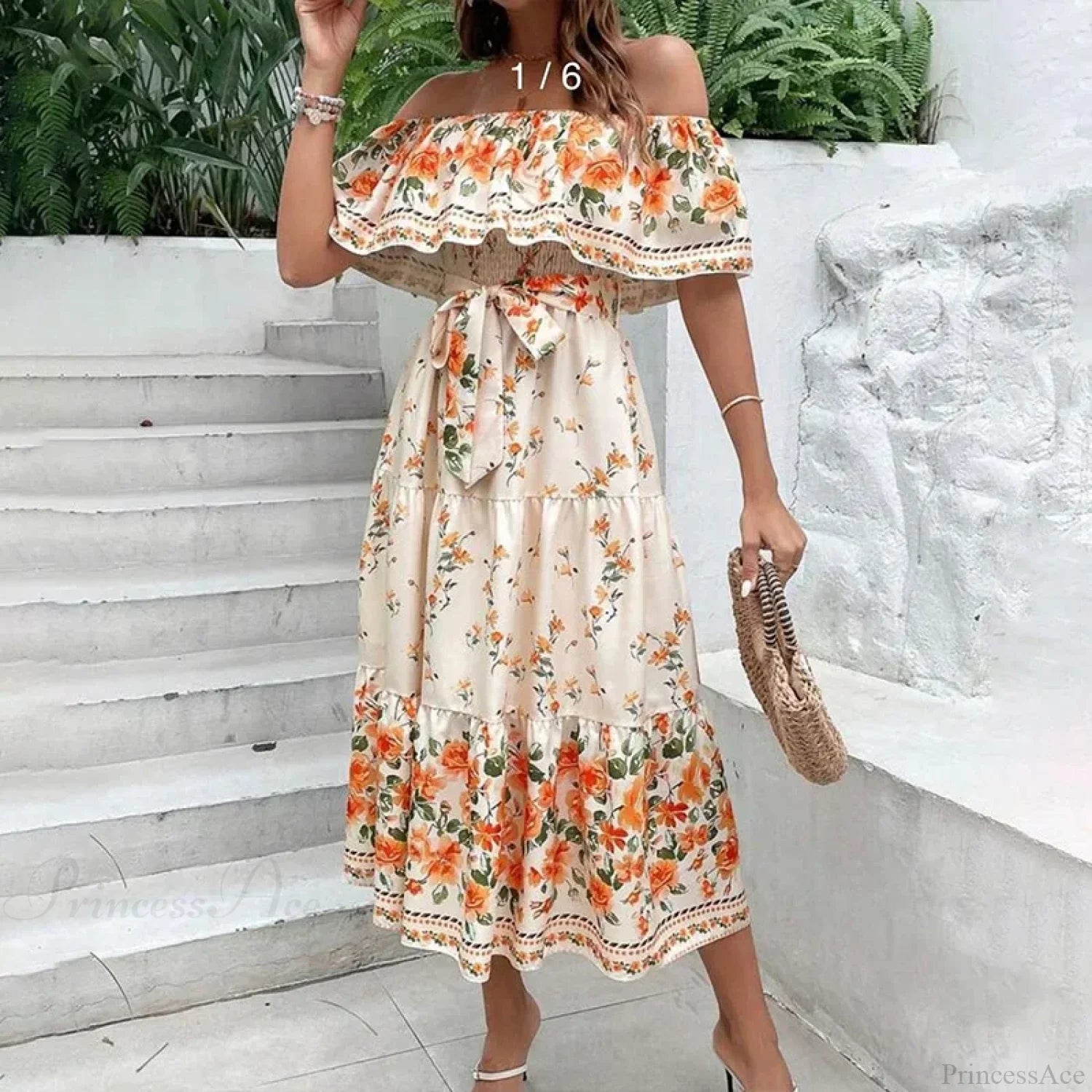 Boho Maxikleid mit Blumenmuster, Carmen-Ausschnitt und Volants