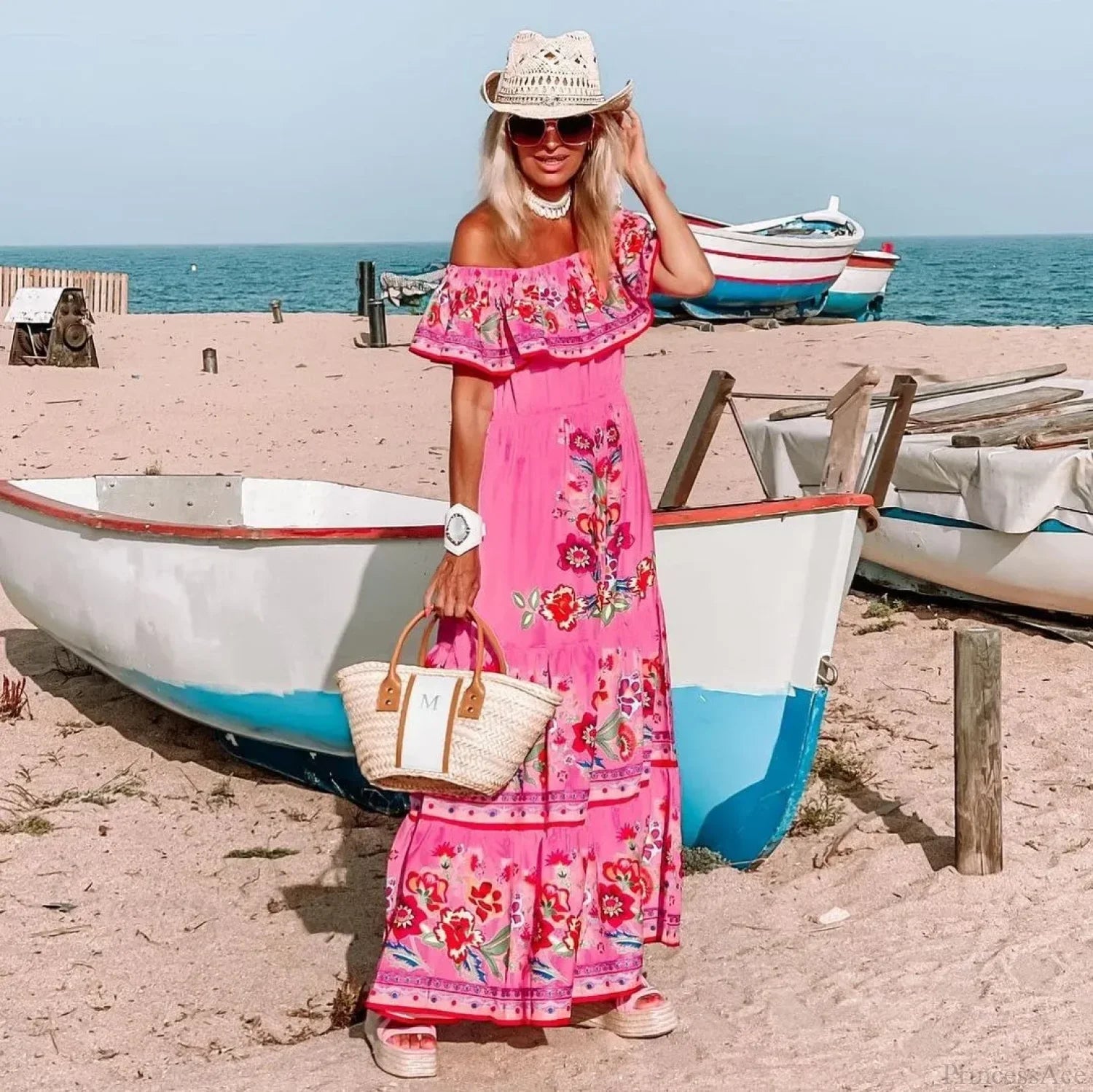 Boho Maxikleid mit Blumenmuster, Carmen-Ausschnitt und Volants