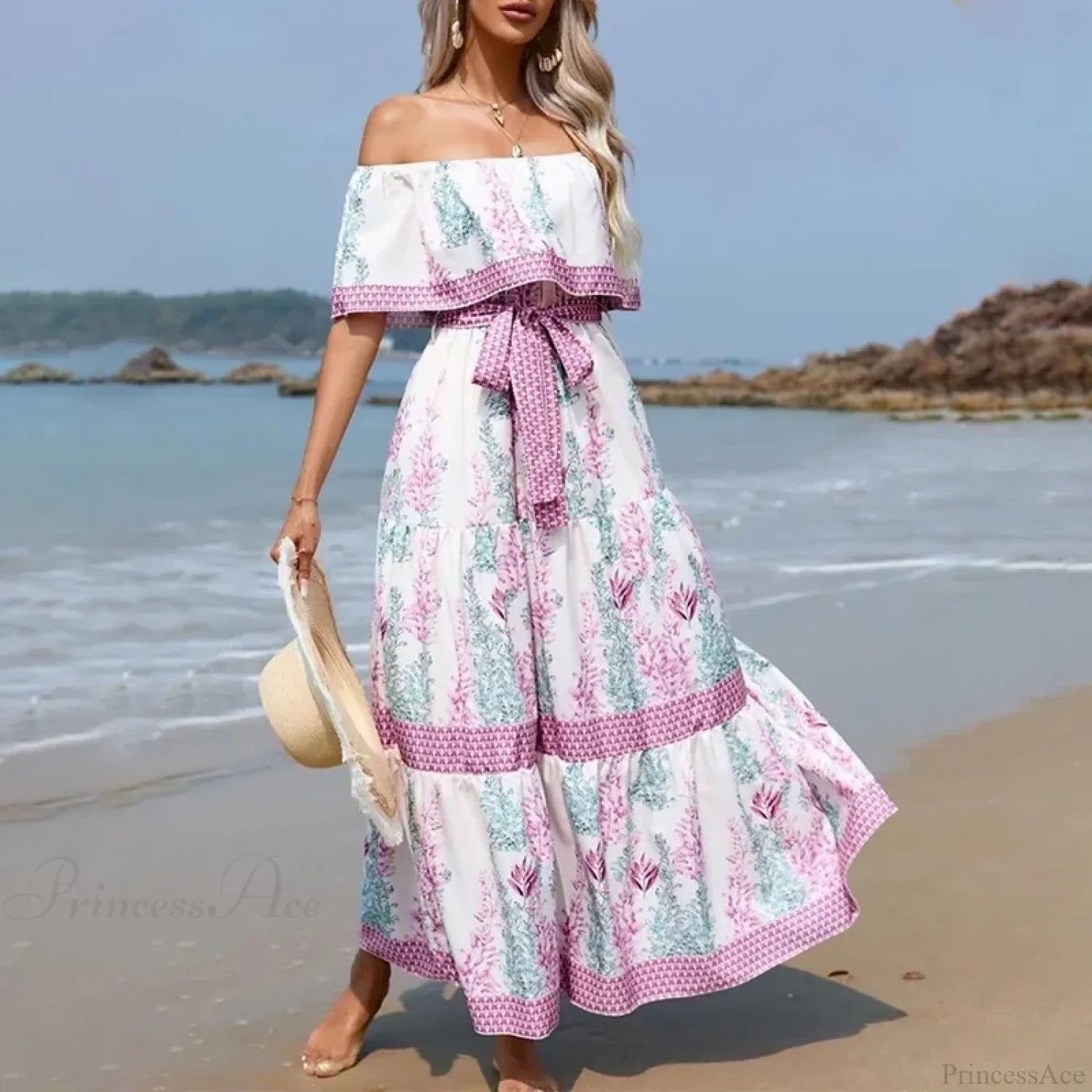 Boho Maxikleid mit Blumenmuster, Carmen-Ausschnitt und Volants
