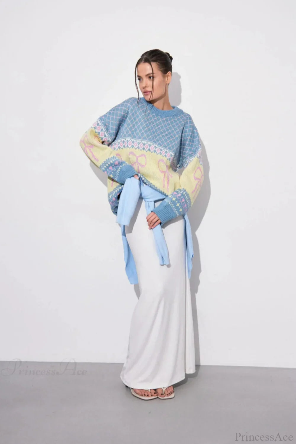 Bow Color Block Crew Neck Outer Wear Warm Lazy Knit Sweater