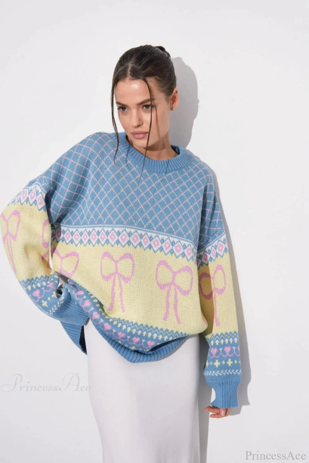 Bow Color Block Crew Neck Outer Wear Warm Lazy Knit Sweater