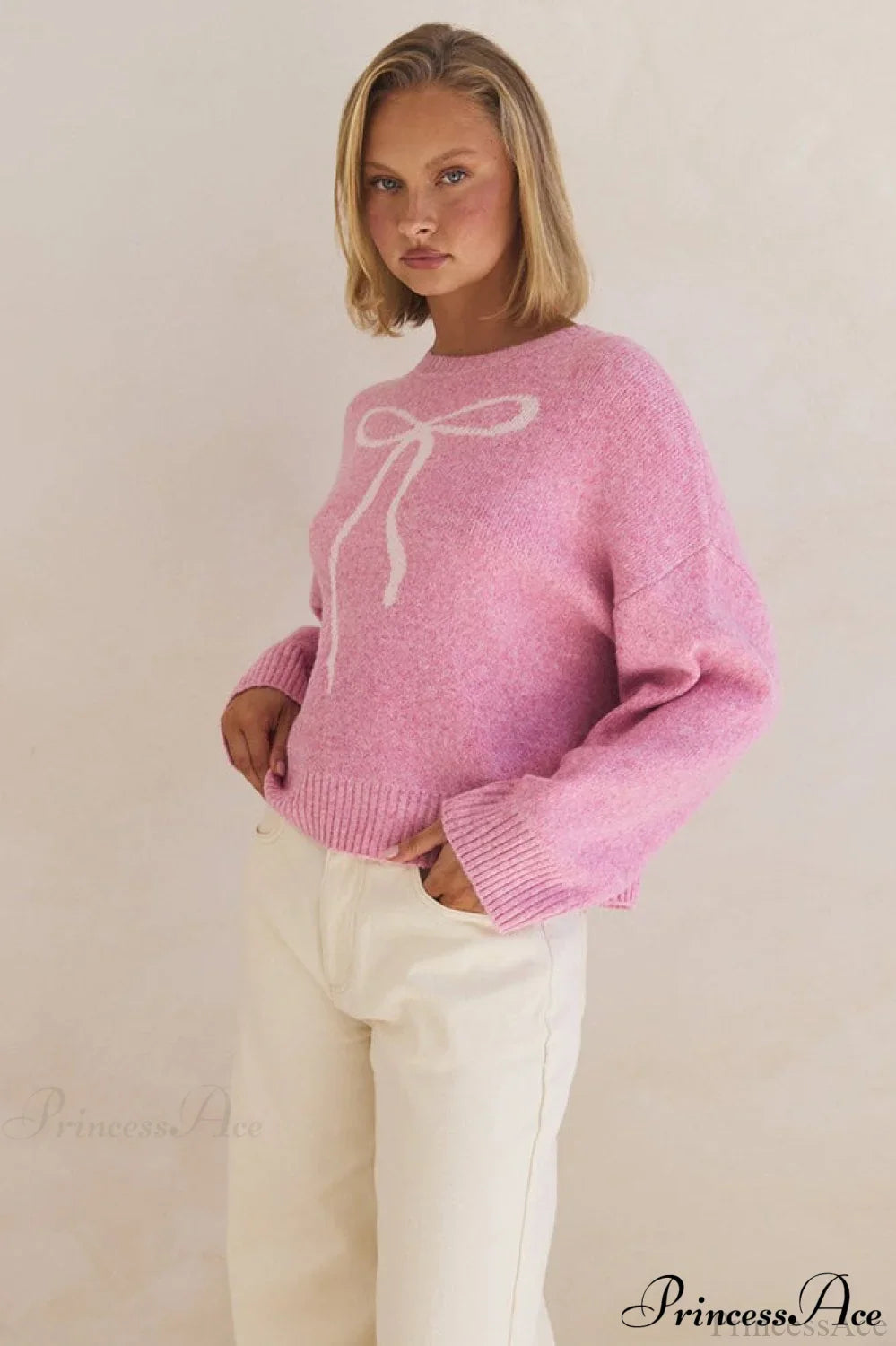 Bow Jacquard Crew-Neck Loose Casual Sweater