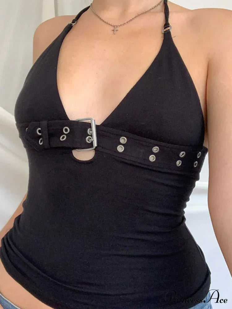 Buckle Strap Black Trendy Bodycon Crop Top