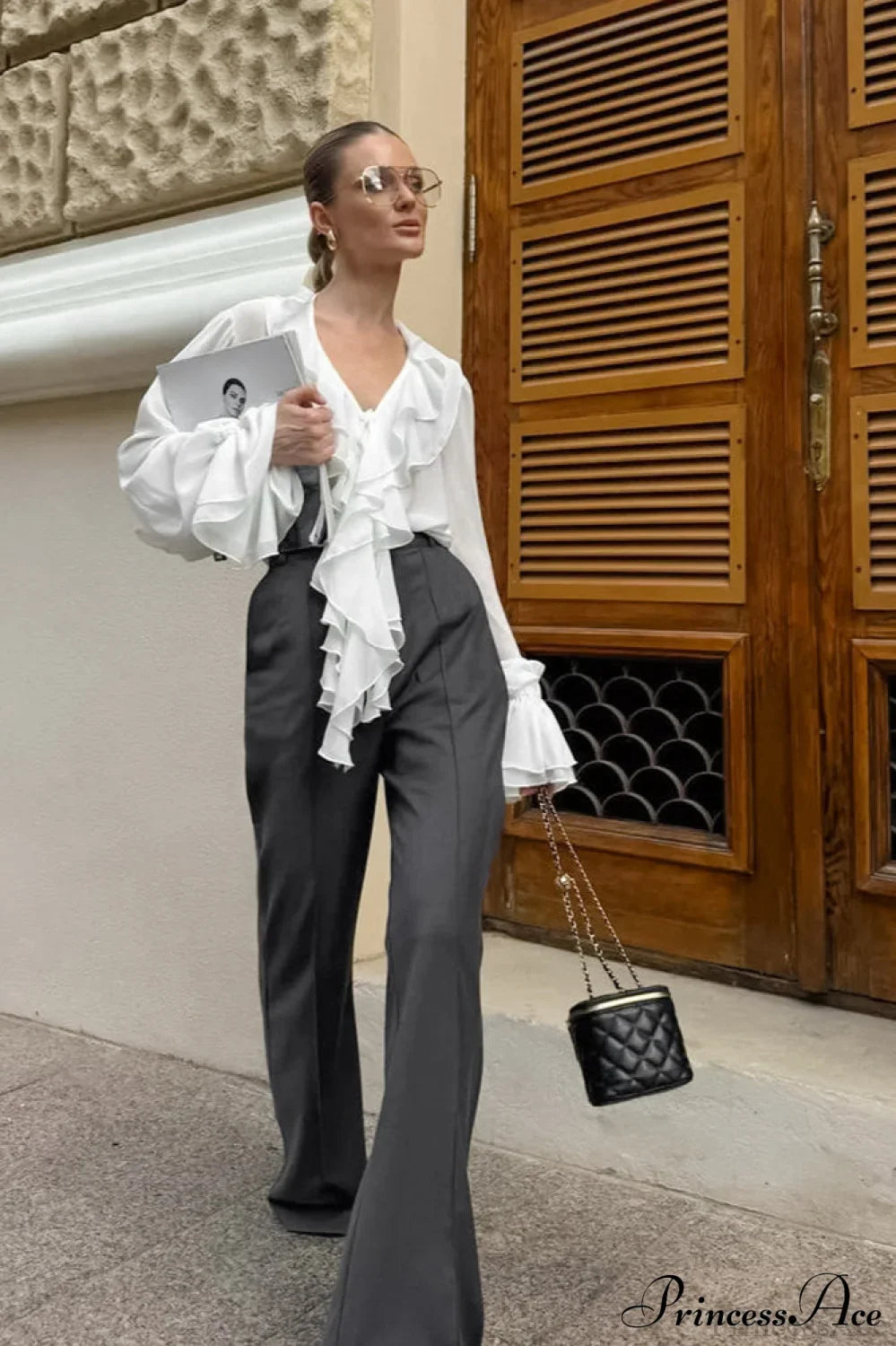 Burgundy Chiffon Ruffled V Neck Tie Blouse
