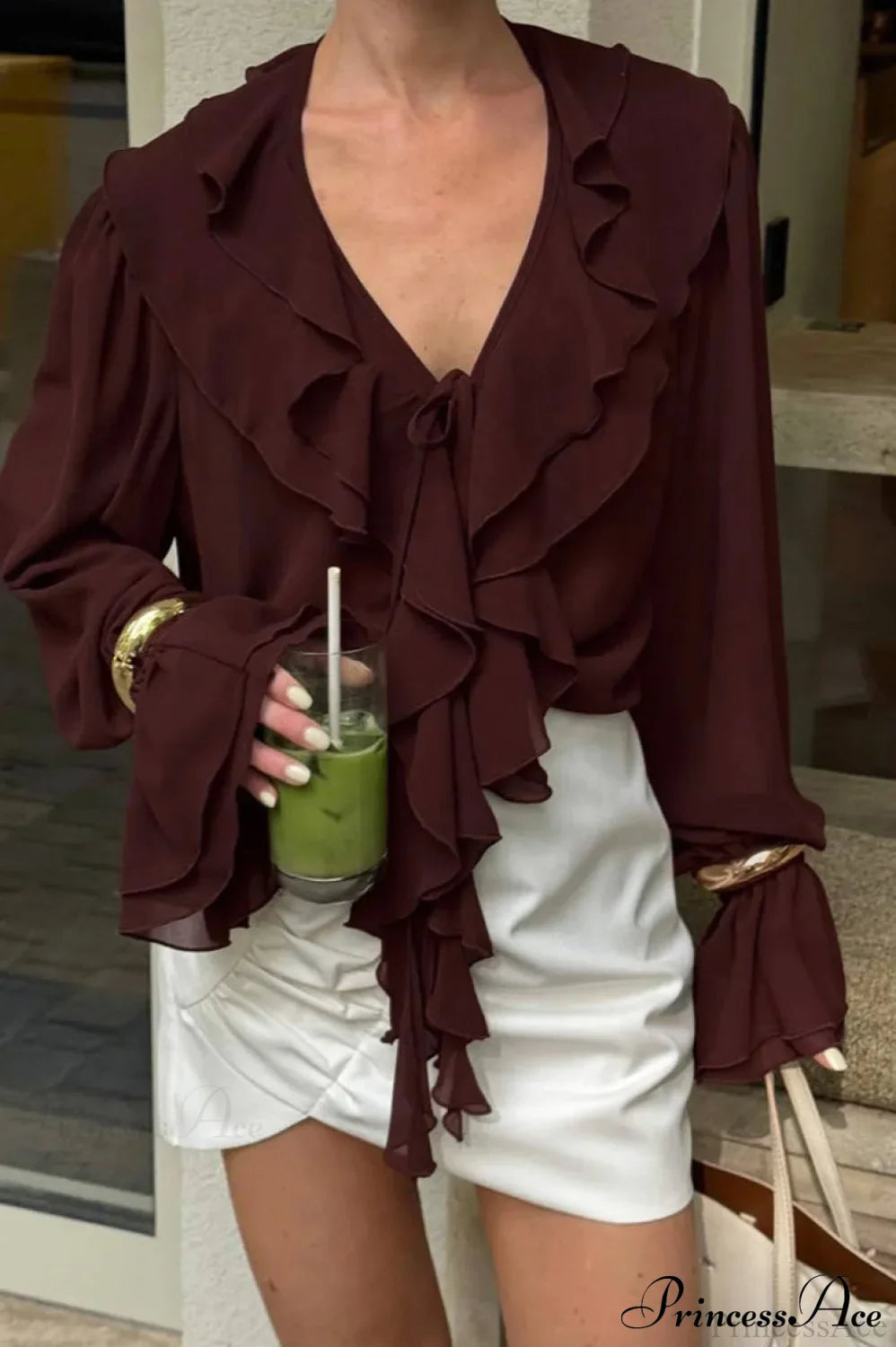 Burgundy Chiffon Ruffled V Neck Tie Blouse