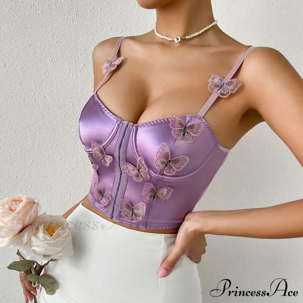 Butterfly Applique Hook and Eye Classic Silky Satin Corset Top - Champagne