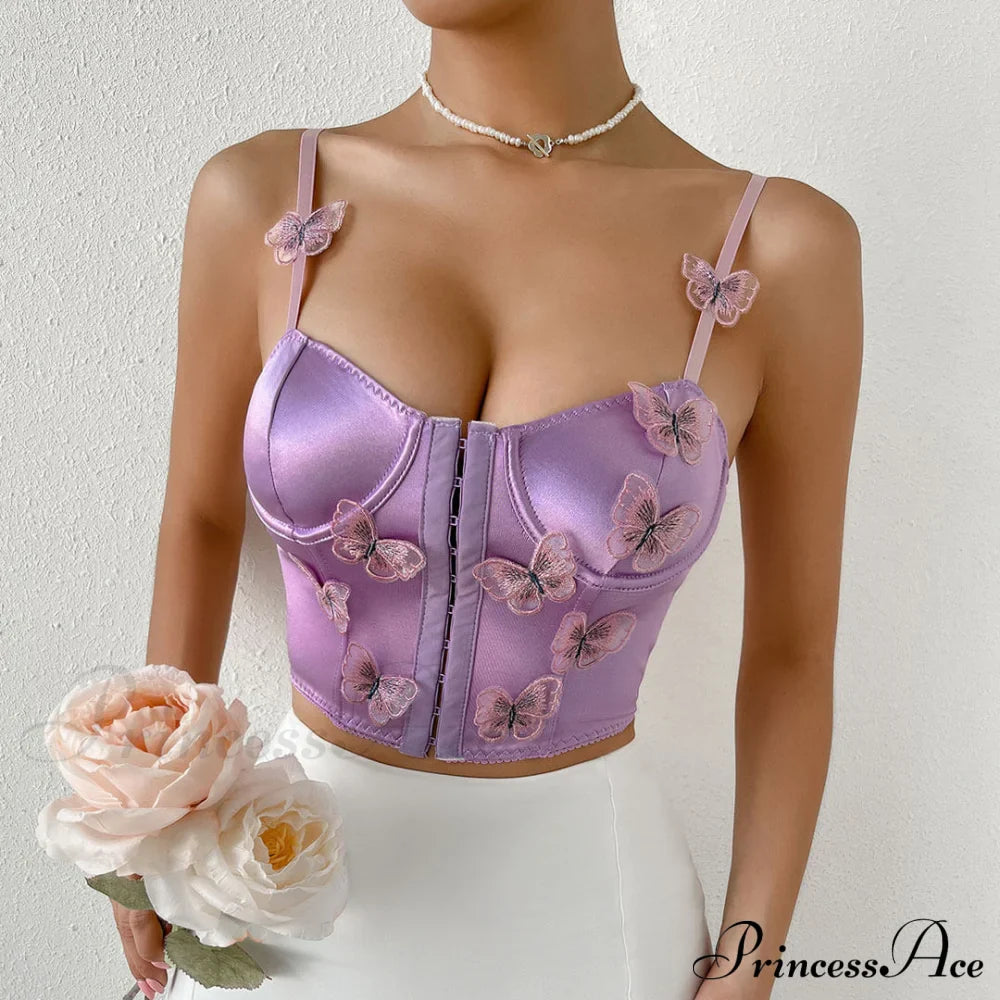 Butterfly Applique Hook and Eye Classic Silky Satin Corset Top - Champagne