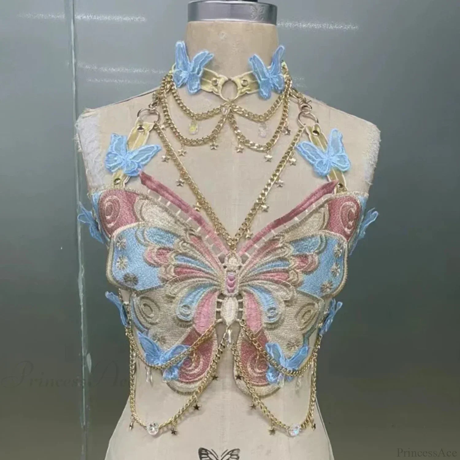 Butterfly Embroidered Crystal Chain Backless Crop Top