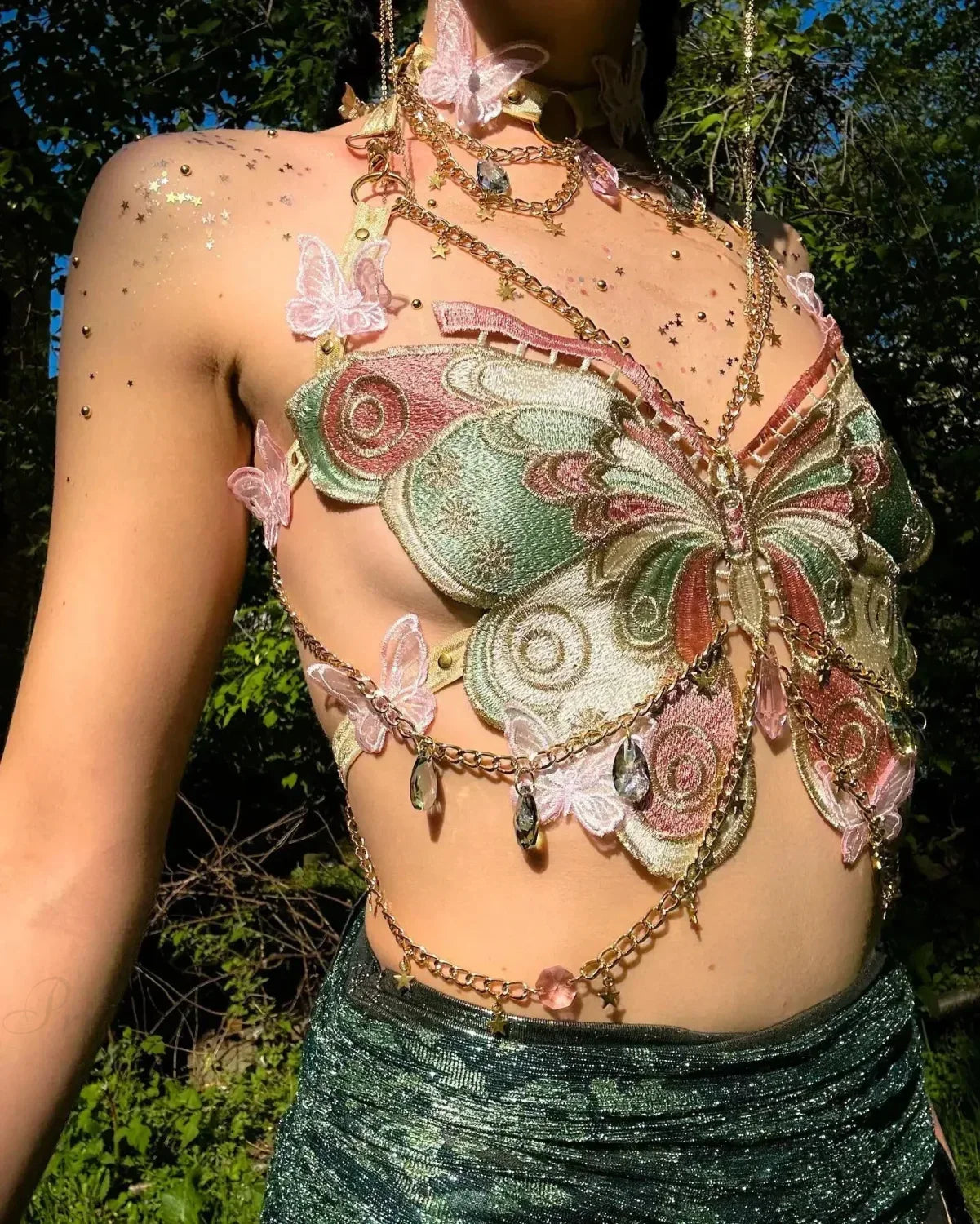 Butterfly Embroidered Crystal Chain Backless Crop Top