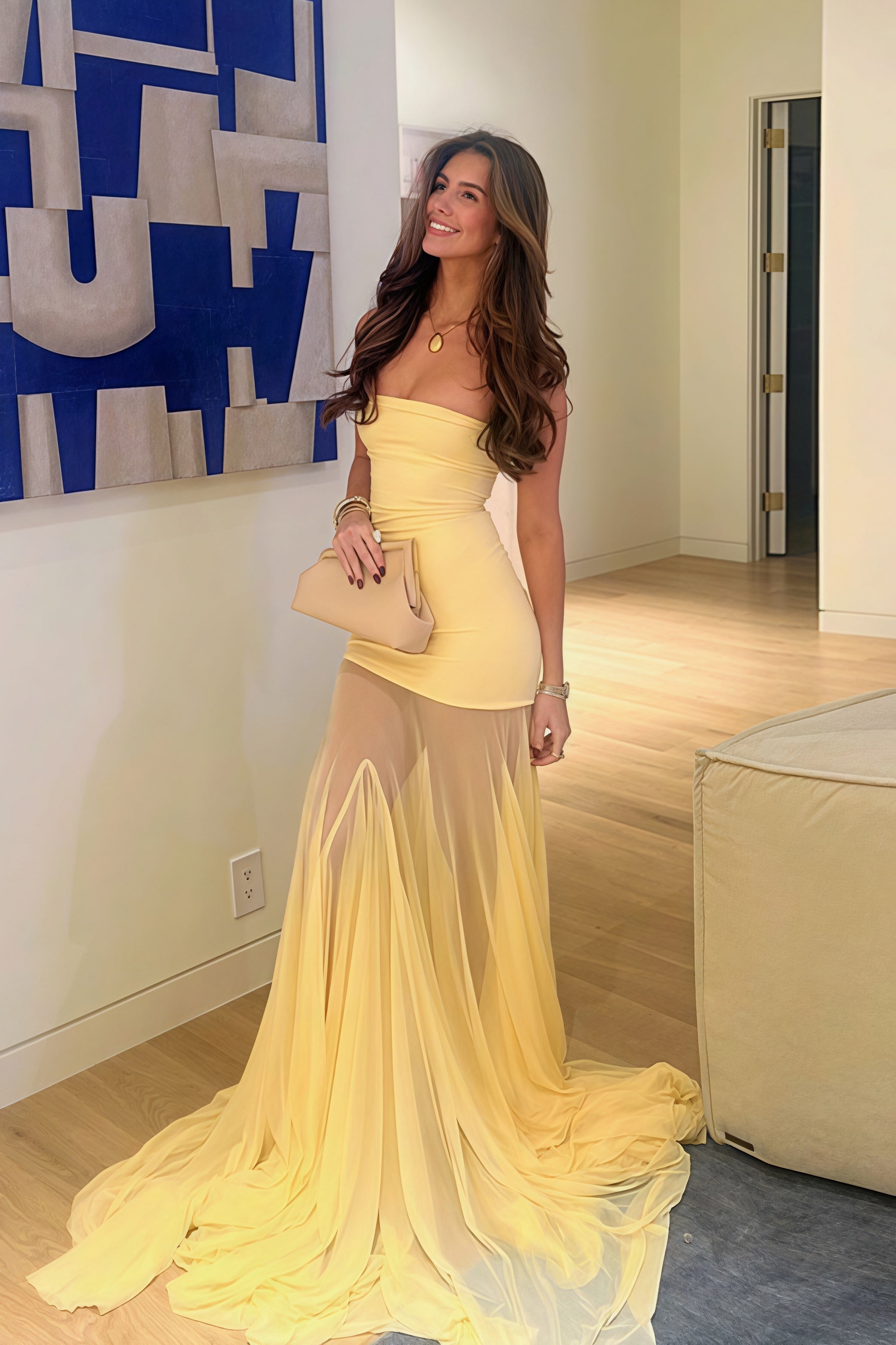 Solid Slim Patchwork Sheer Strapless Maxi Dress