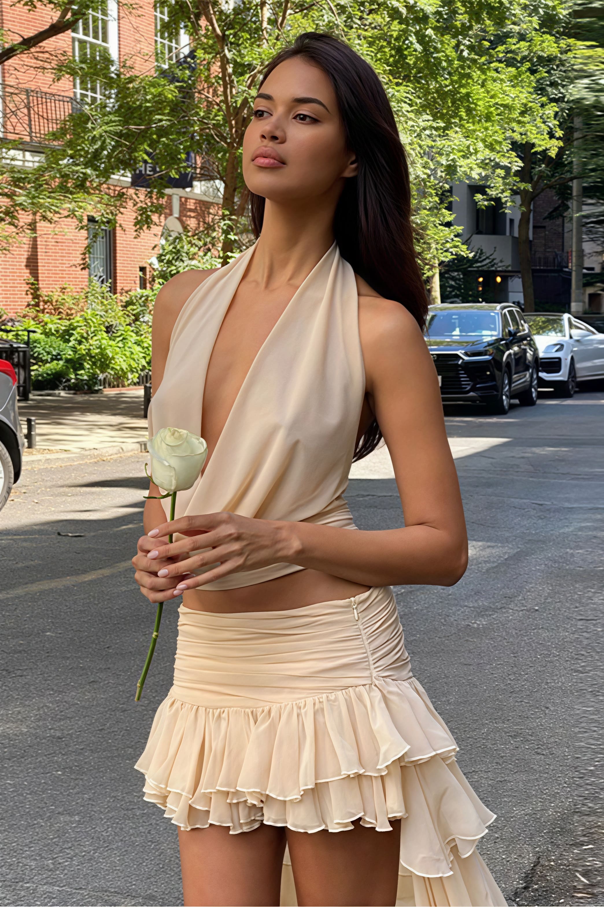 Sada s úzkým topem na zavazování za krk a sukní na trénink