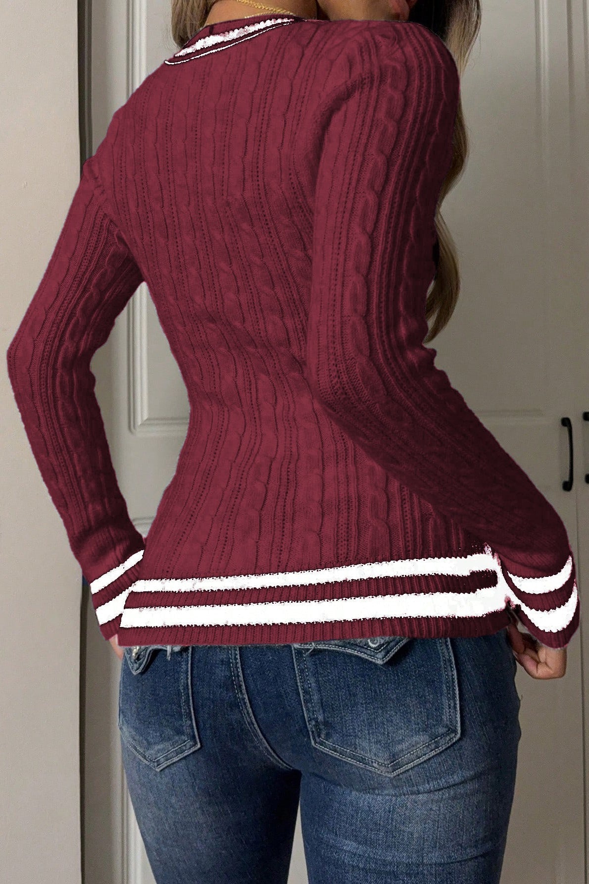 Farbblock Gestreifter Tief ausgeschnittener Schmaler Pullover