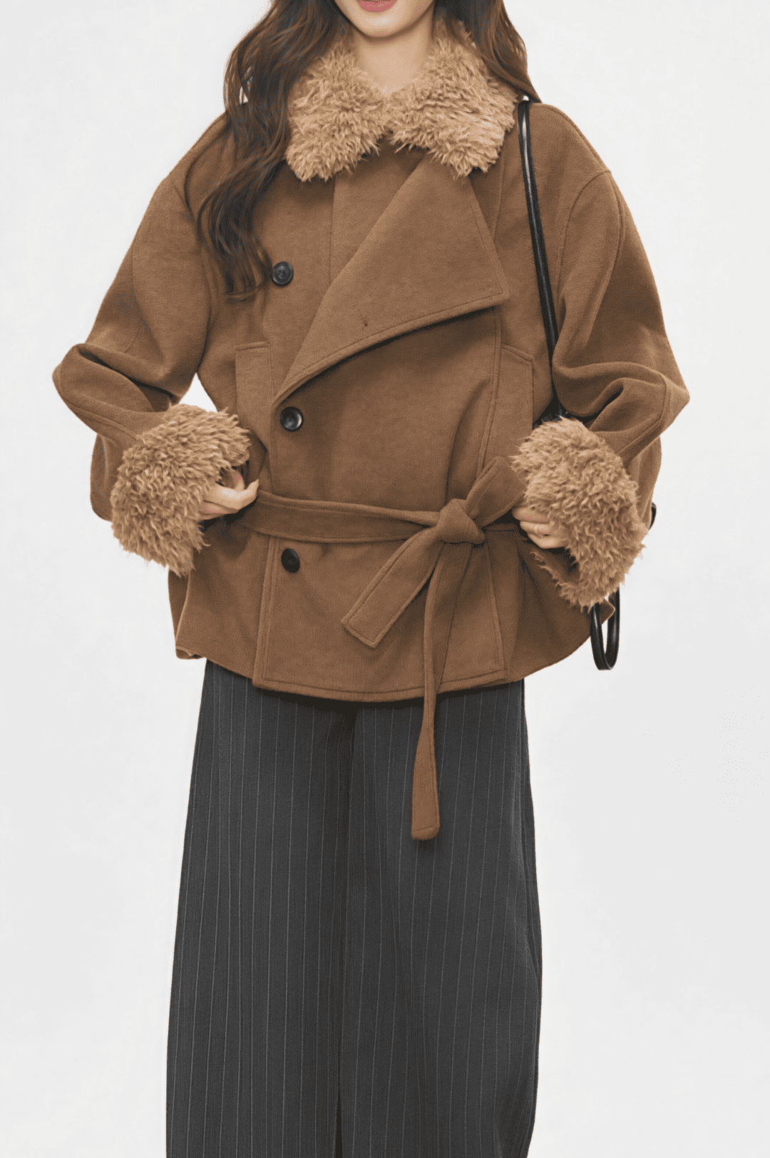 Vintage Pelzkragen Pelzmanschetten Kurzer Wollmantel