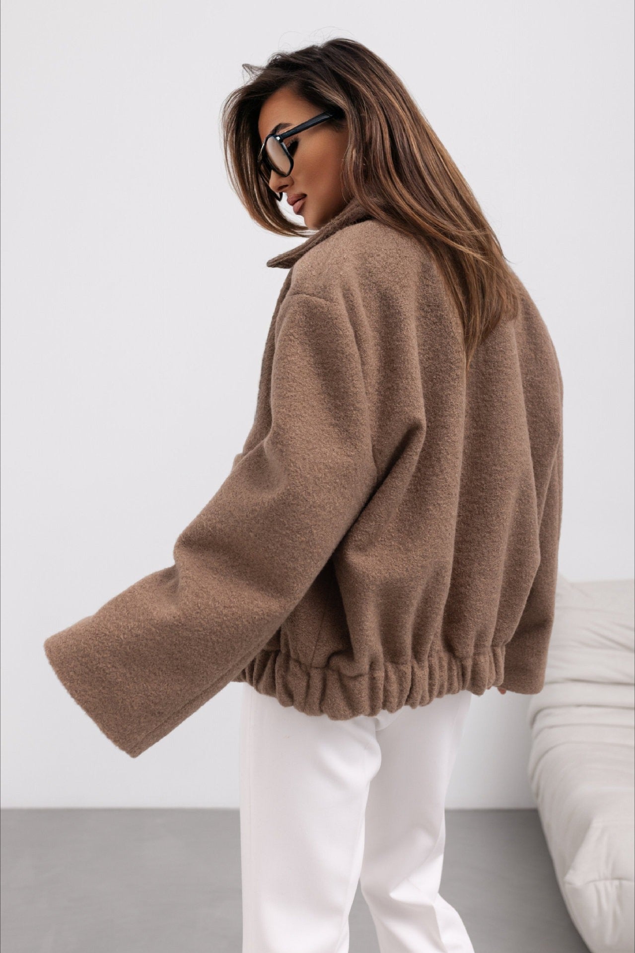 Abrigo de Lana Sólida a la Moda con Bolsillo, Elástico y Broche