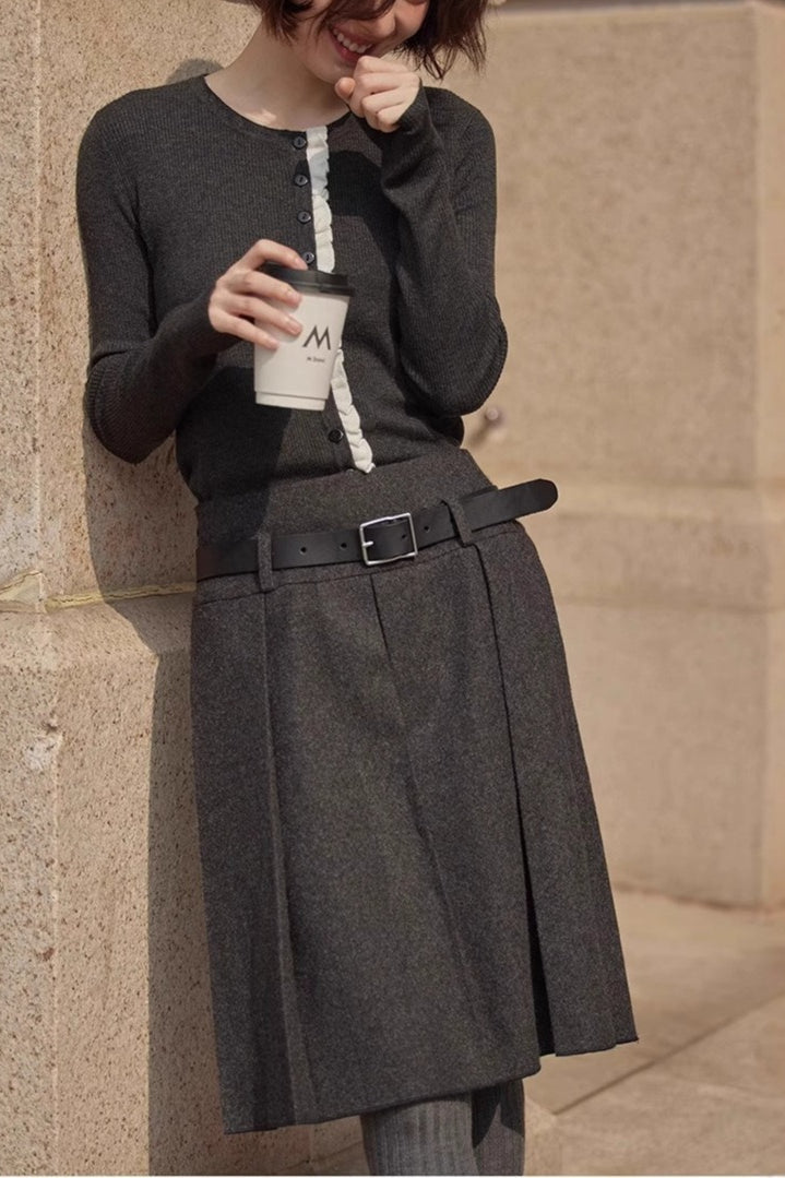 Preppy Dark Gray Wool Blend Pleated Skirt