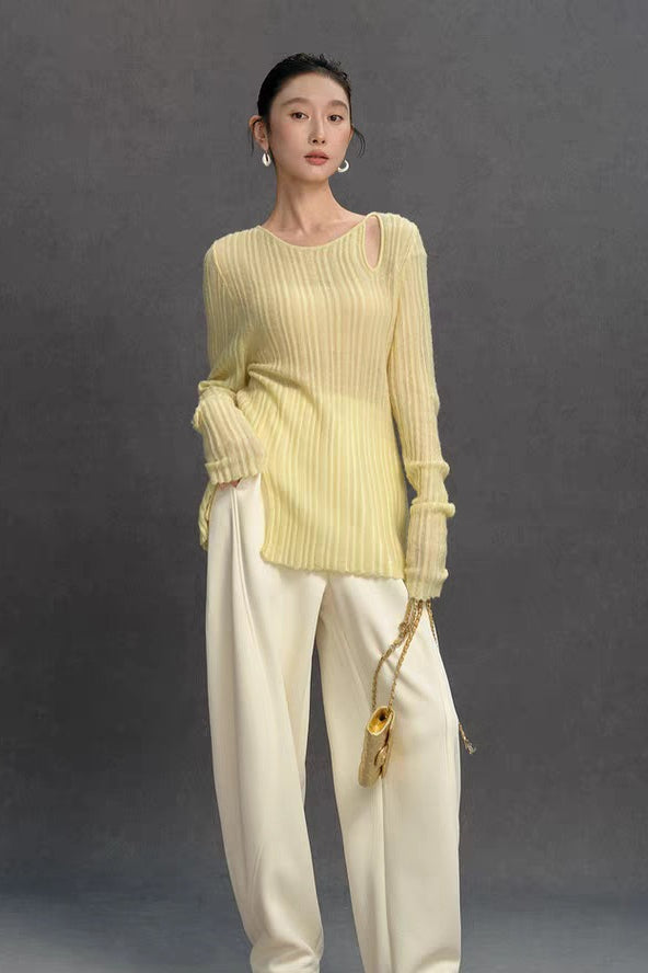 Yaohua Xiyan French Elegant Wool Openwork Ribbed Knit Top